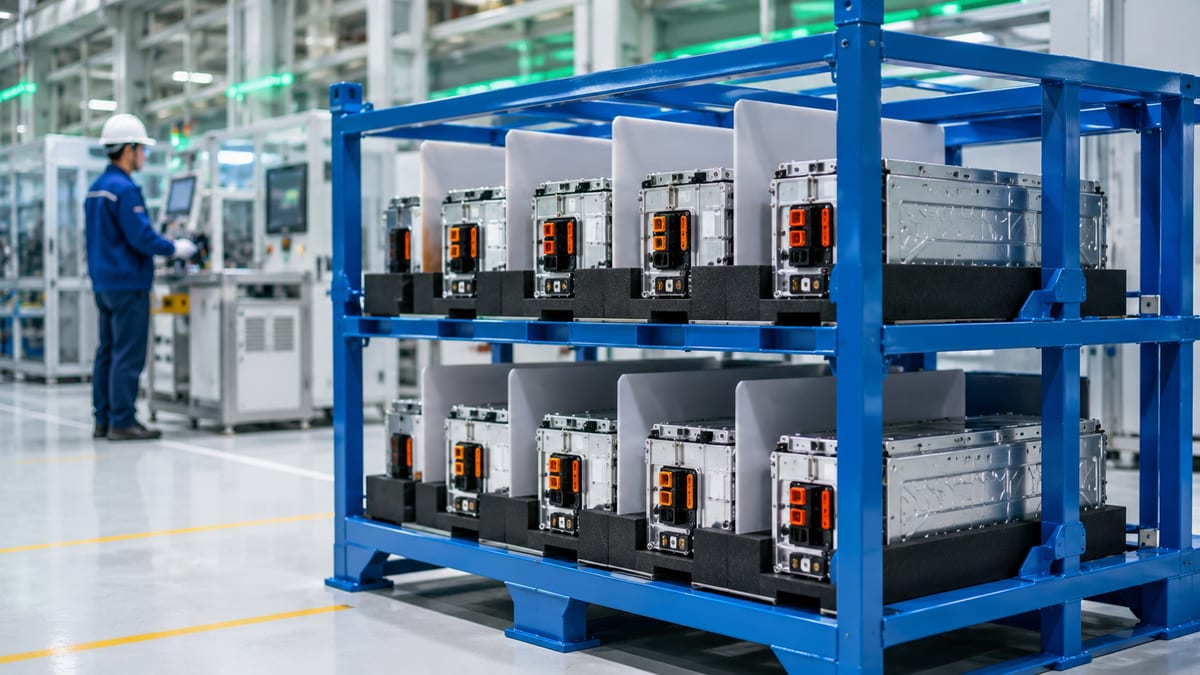 Returnable steel rack configuration for EV battery component handling